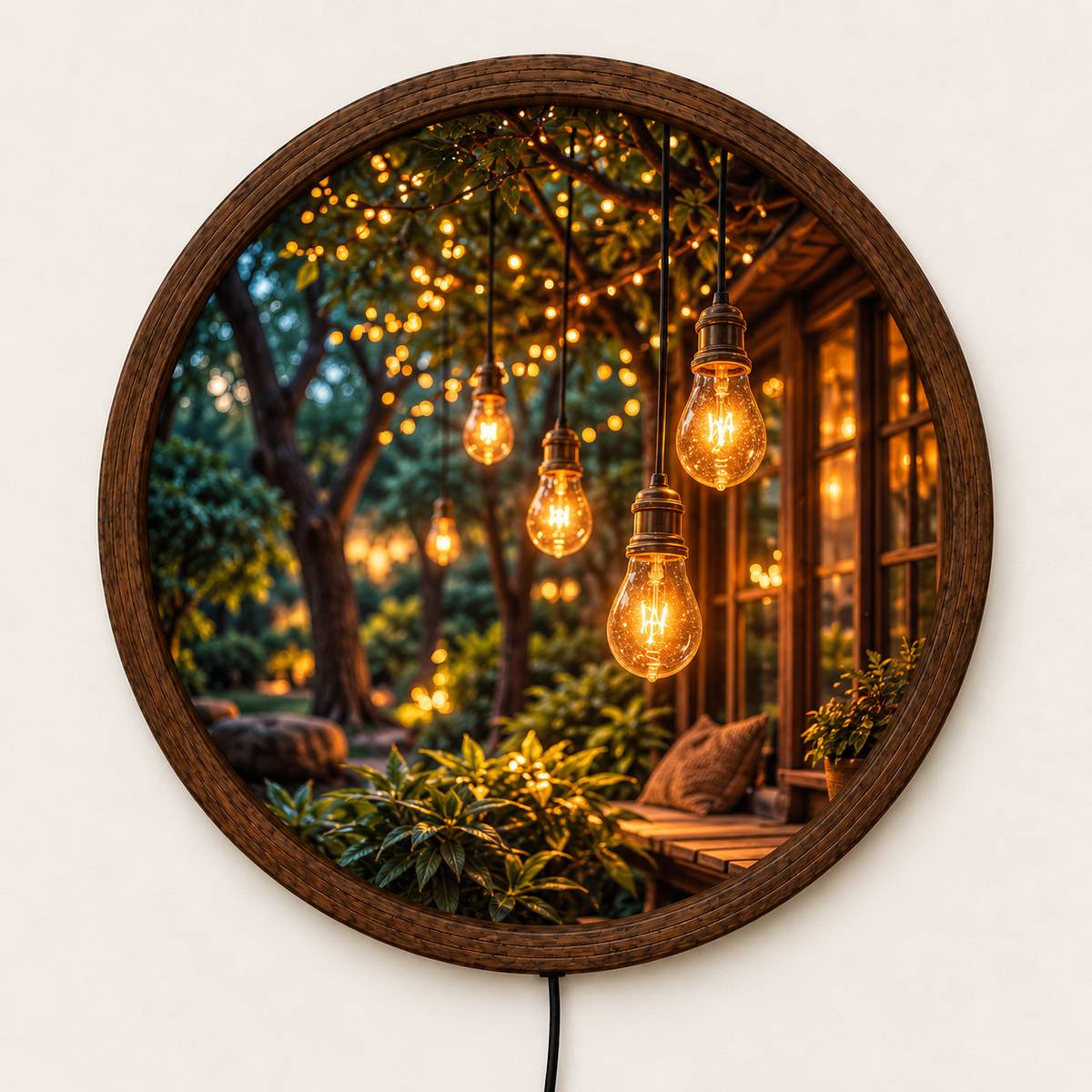 Hanging Edison Bulb LED Wall Art, Round Lighted Wall Decor, Cozy Garden Lights Wall Art, Rustic Nature Home Decor, Warm Ambient Light
