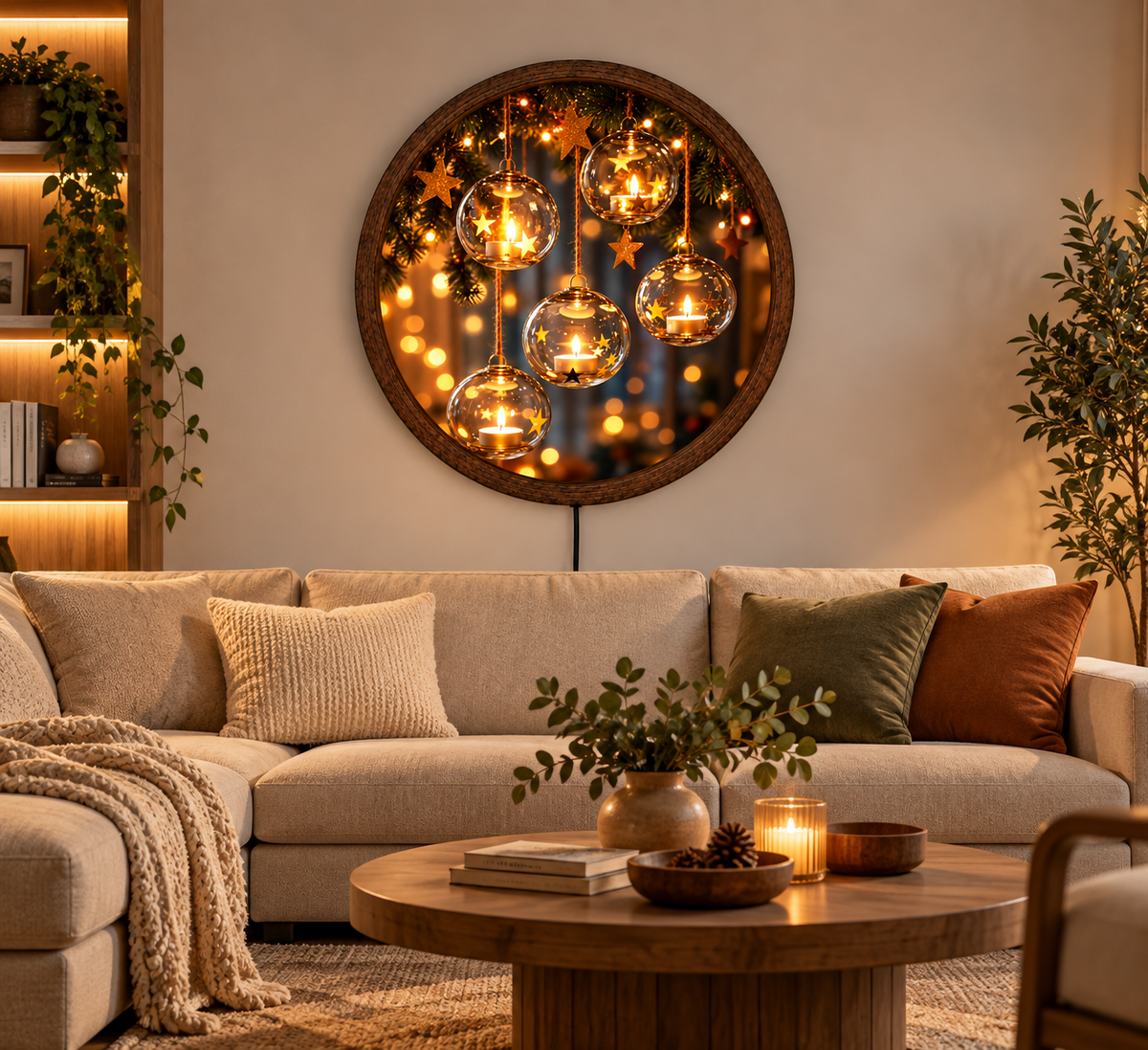 Christmas Candle LED Wall Art, Round Lighted Wall Decor, Glowing Ornament Christmas Wall Art, Holiday Home Decor, Cozy Winter Wall Light