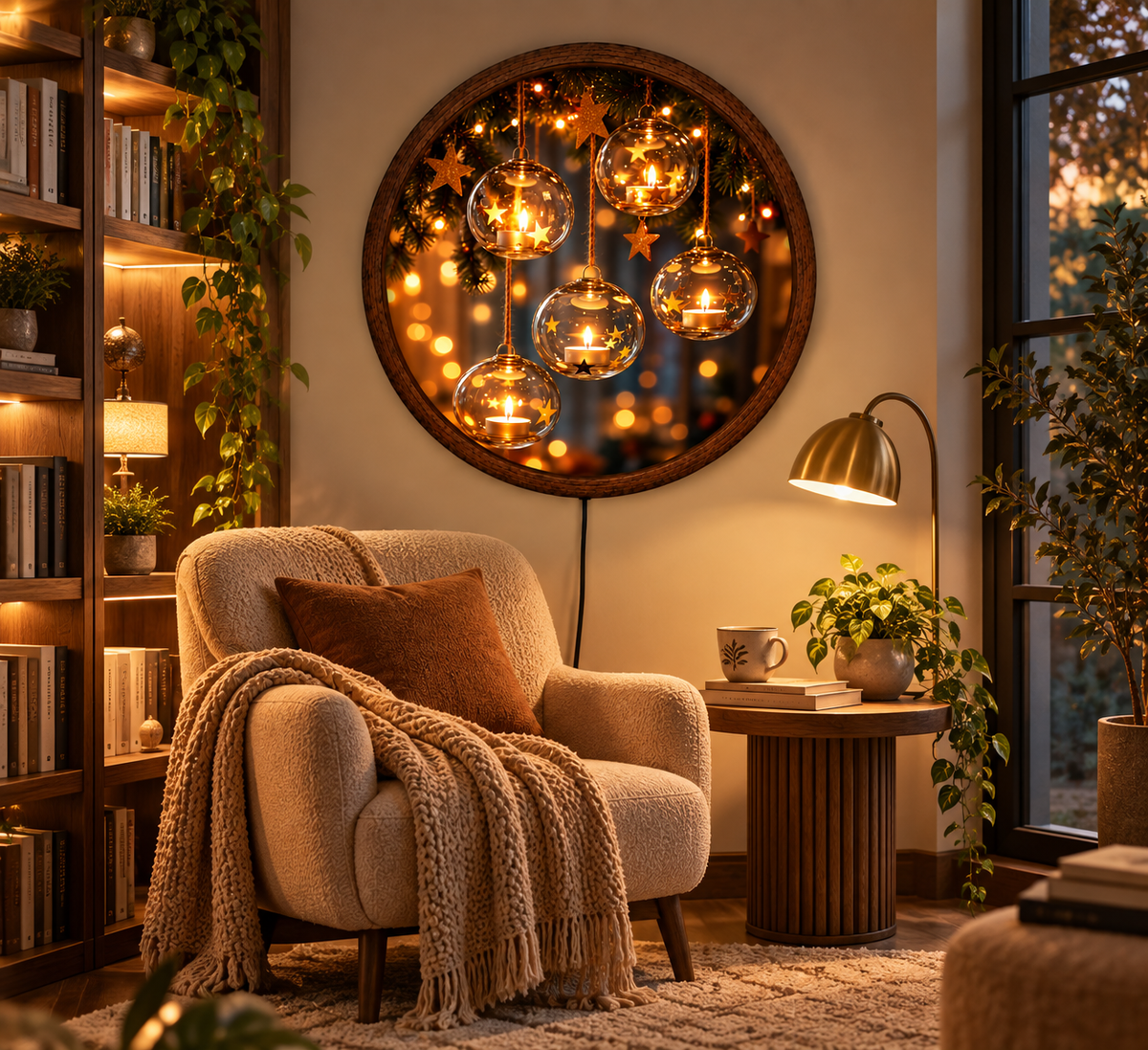 Christmas Candle LED Wall Art, Round Lighted Wall Decor, Glowing Ornament Christmas Wall Art, Holiday Home Decor, Cozy Winter Wall Light