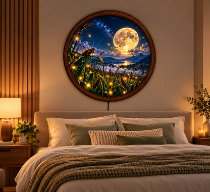 Moonlit Firefly LED Wall Art, Round Lighted Wall Decor, Full Moon Nature Landscape, Glowing Fireflies Wall Art, Rustic Bedroom Decor