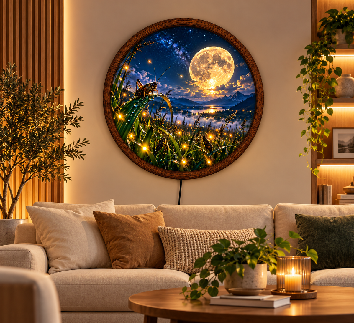 Moonlit Firefly LED Wall Art, Round Lighted Wall Decor, Full Moon Nature Landscape, Glowing Fireflies Wall Art, Rustic Bedroom Decor