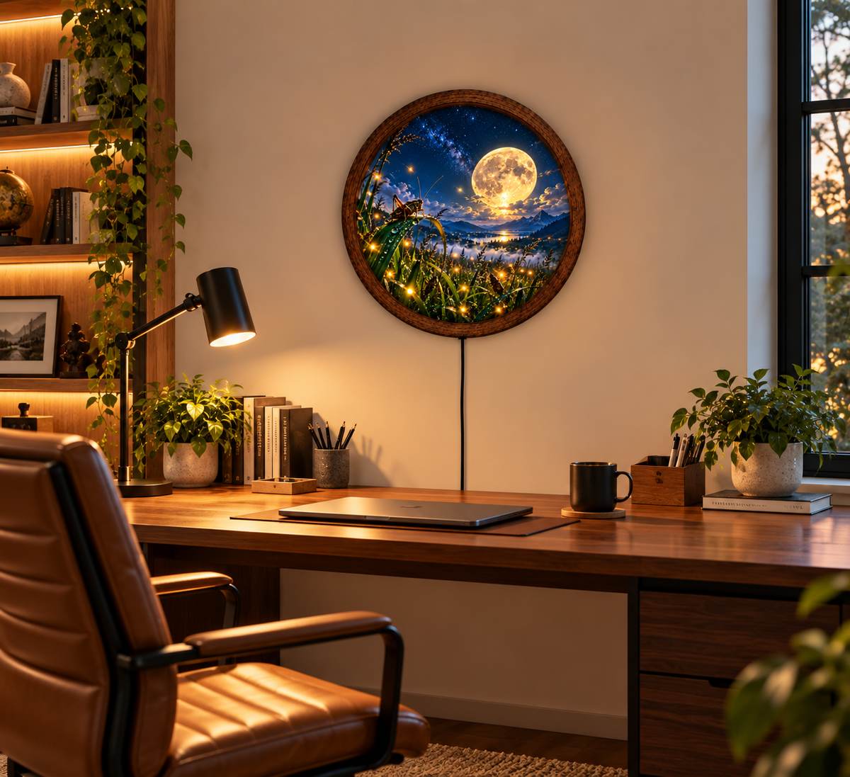 Moonlit Firefly LED Wall Art, Round Lighted Wall Decor, Full Moon Nature Landscape, Glowing Fireflies Wall Art, Rustic Bedroom Decor