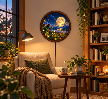 Moonlit Firefly LED Wall Art, Round Lighted Wall Decor, Full Moon Nature Landscape, Glowing Fireflies Wall Art, Rustic Bedroom Decor