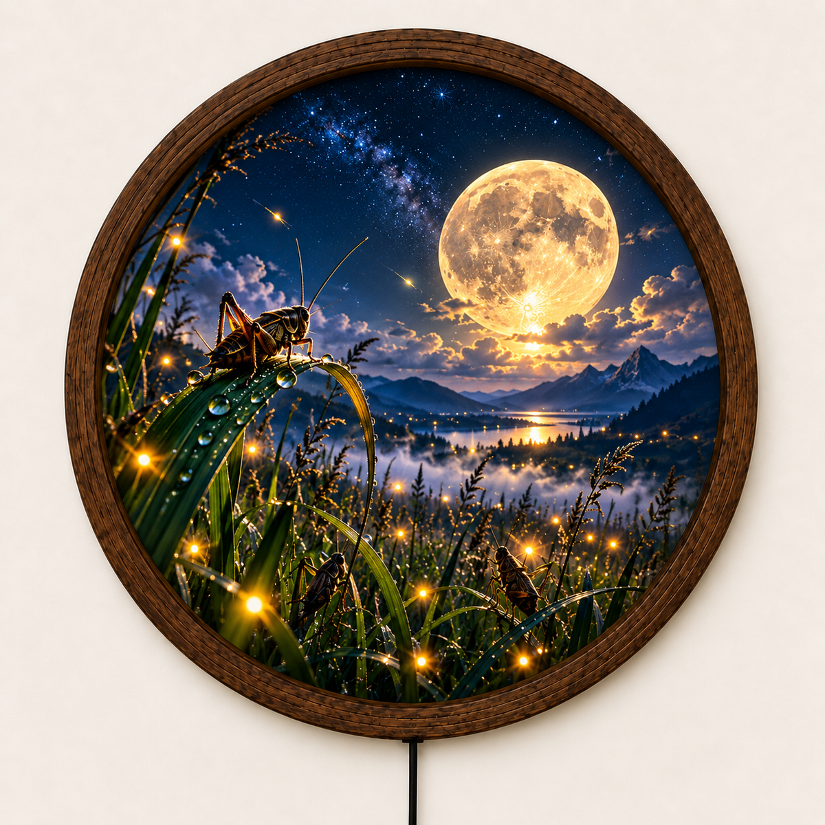 Moonlit Firefly LED Wall Art, Round Lighted Wall Decor, Full Moon Nature Landscape, Glowing Fireflies Wall Art, Rustic Bedroom Decor