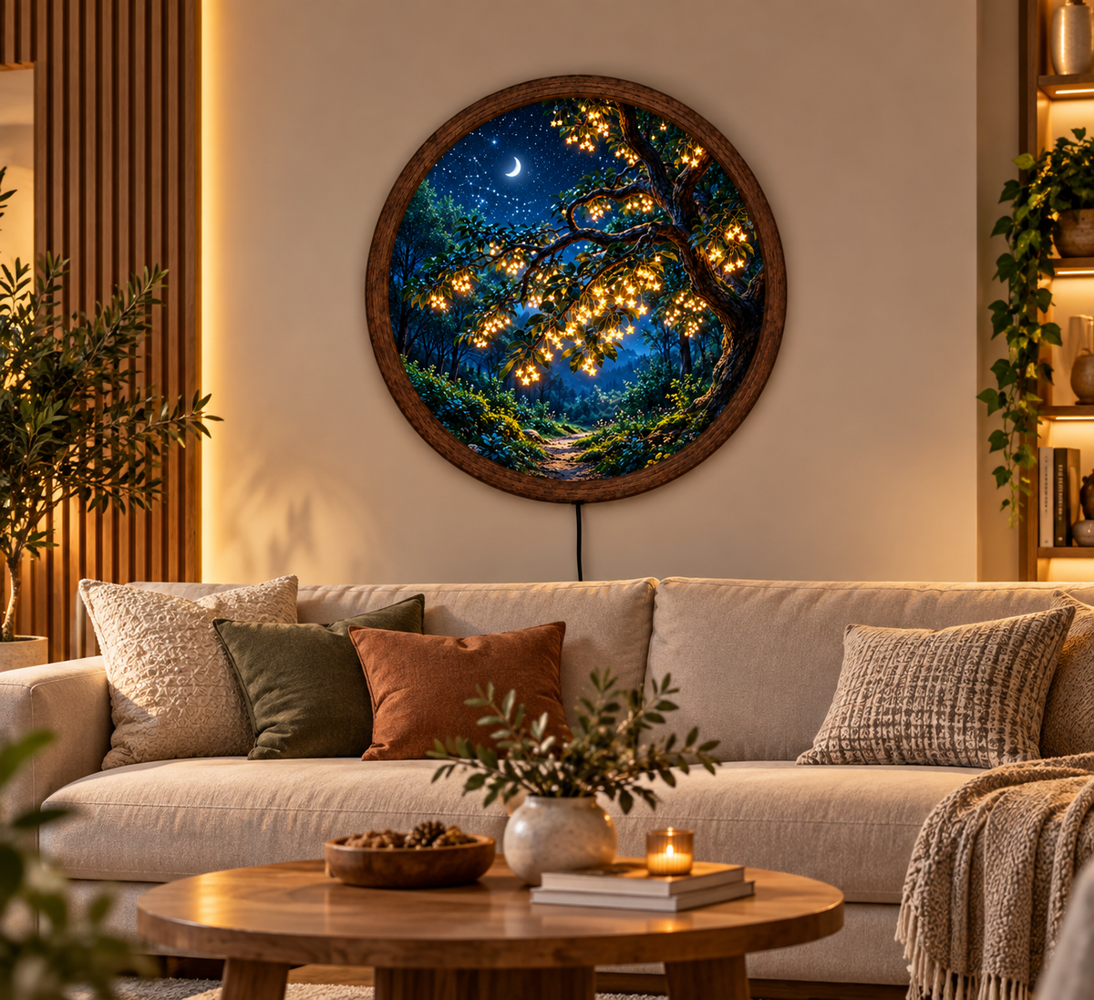 Enchanted Forest LED Wall Art, Crescent Moon Starry Night Decor, Round Lighted Wall Art, Glowing Tree Wall Decor, Fantasy Home Decor