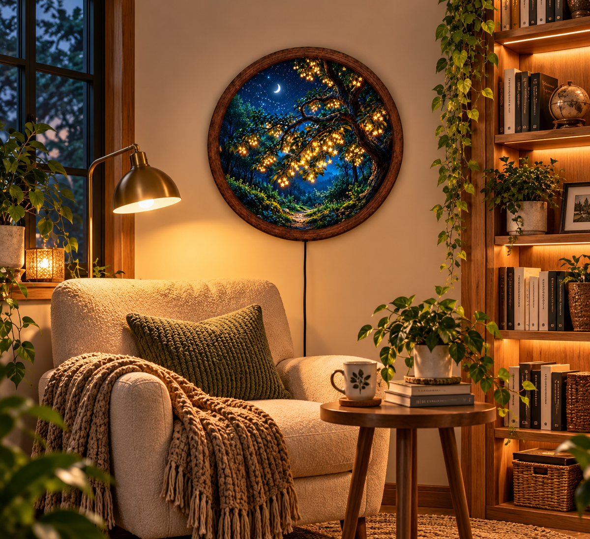 Enchanted Forest LED Wall Art, Crescent Moon Starry Night Decor, Round Lighted Wall Art, Glowing Tree Wall Decor, Fantasy Home Decor