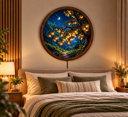 Enchanted Forest LED Wall Art, Crescent Moon Starry Night Decor, Round Lighted Wall Art, Glowing Tree Wall Decor, Fantasy Home Decor