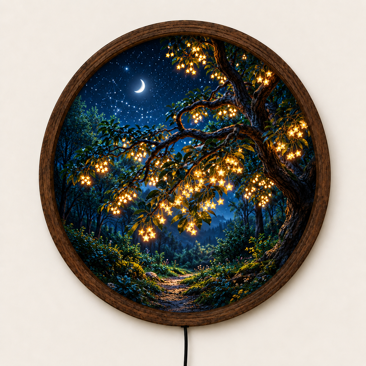 Enchanted Forest LED Wall Art, Crescent Moon Starry Night Decor, Round Lighted Wall Art, Glowing Tree Wall Decor, Fantasy Home Decor