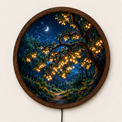 Enchanted Forest LED Wall Art, Crescent Moon Starry Night Decor, Round Lighted Wall Art, Glowing Tree Wall Decor, Fantasy Home Decor
