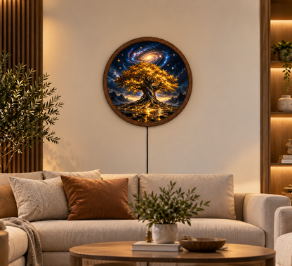 Tree of Life LED Wall Art, Glowing Golden Tree Round Wall Decor, Galaxy Night Light Art, Mystical Celestial Home Decor, Unique Gift