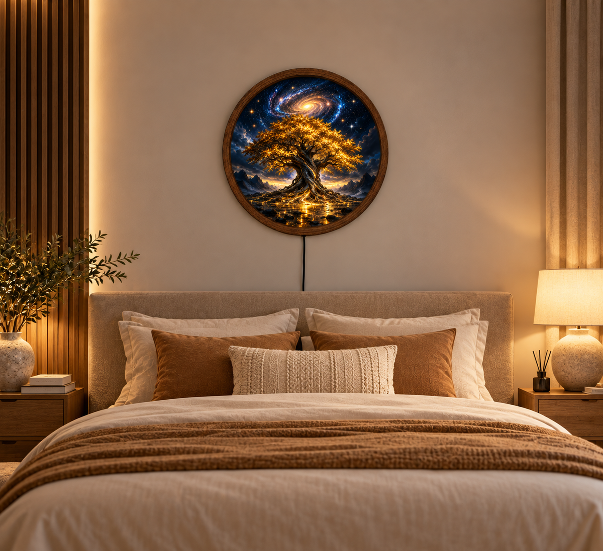 Tree of Life LED Wall Art, Glowing Golden Tree Round Wall Decor, Galaxy Night Light Art, Mystical Celestial Home Decor, Unique Gift
