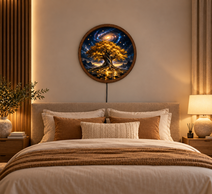 Tree of Life LED Wall Art, Glowing Golden Tree Round Wall Decor, Galaxy Night Light Art, Mystical Celestial Home Decor, Unique Gift