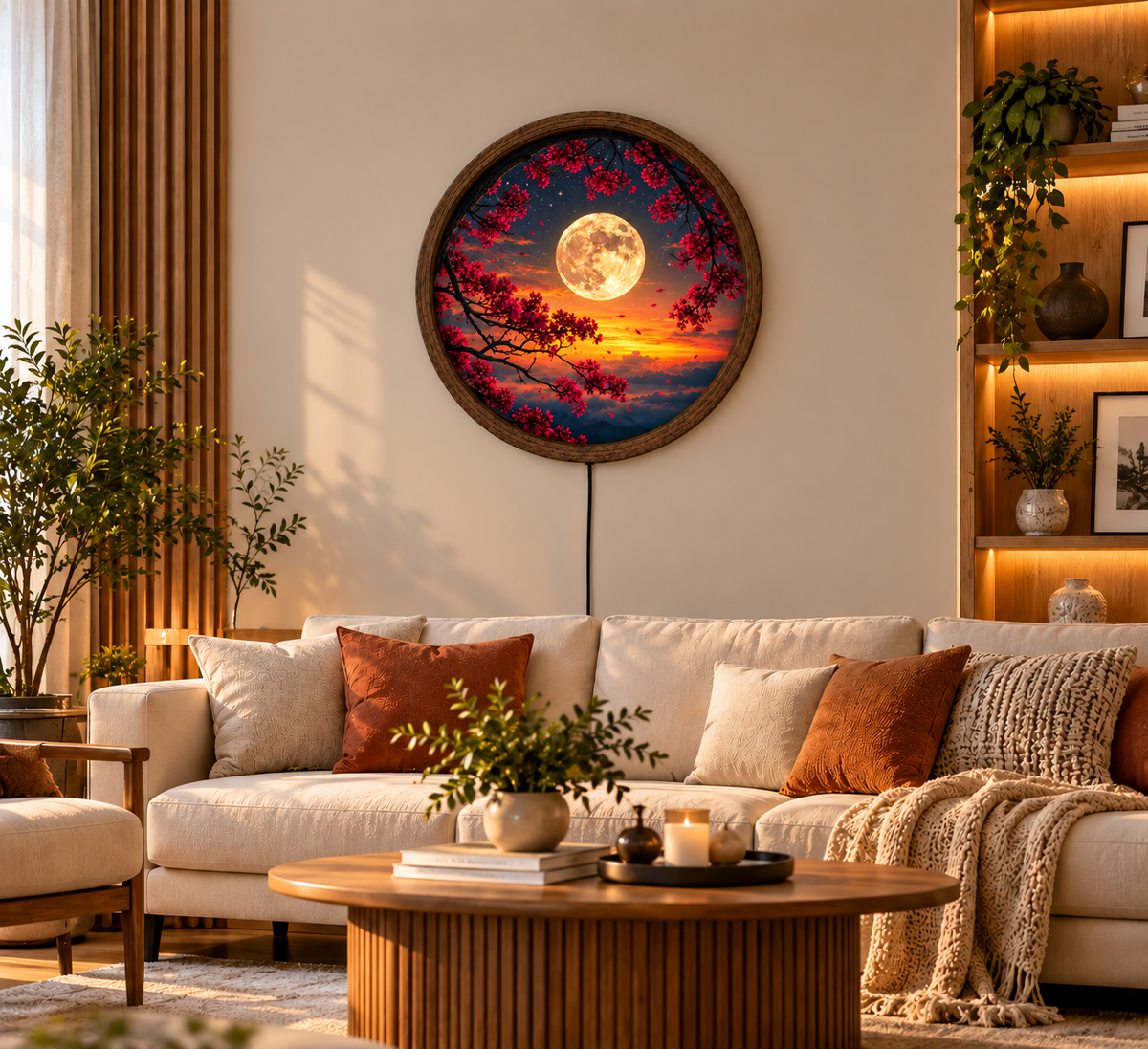 Full Moon LED Wall Art, Red Cherry Blossom Round Wall Decor, Sunset Moon Light, Celestial Floral Home Decor, Romantic Bedroom Gift