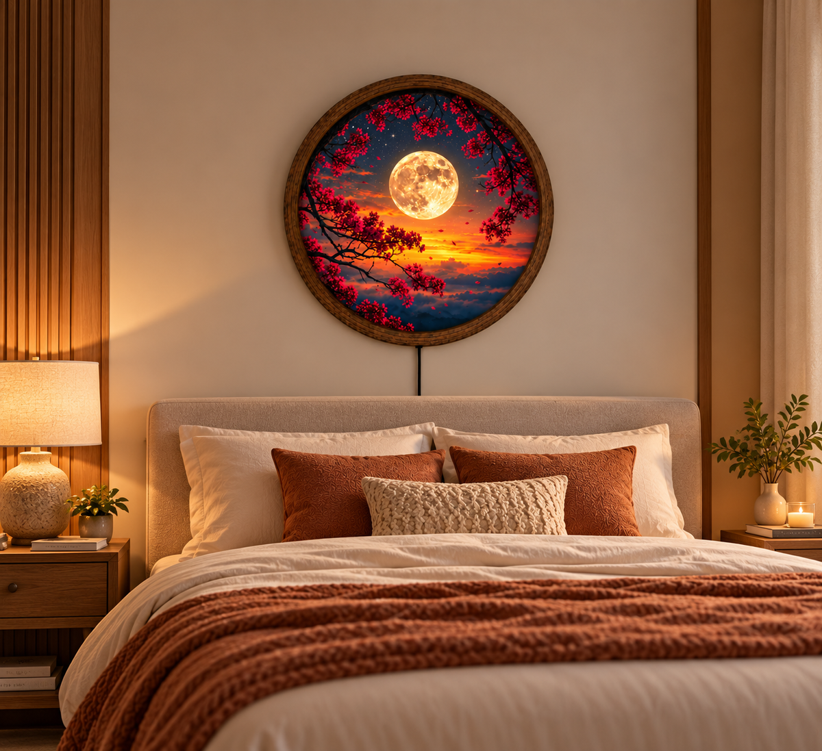 Full Moon LED Wall Art, Red Cherry Blossom Round Wall Decor, Sunset Moon Light, Celestial Floral Home Decor, Romantic Bedroom Gift