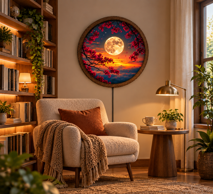 Full Moon LED Wall Art, Red Cherry Blossom Round Wall Decor, Sunset Moon Light, Celestial Floral Home Decor, Romantic Bedroom Gift