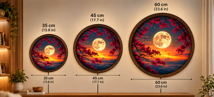 Full Moon LED Wall Art, Red Cherry Blossom Round Wall Decor, Sunset Moon Light, Celestial Floral Home Decor, Romantic Bedroom Gift