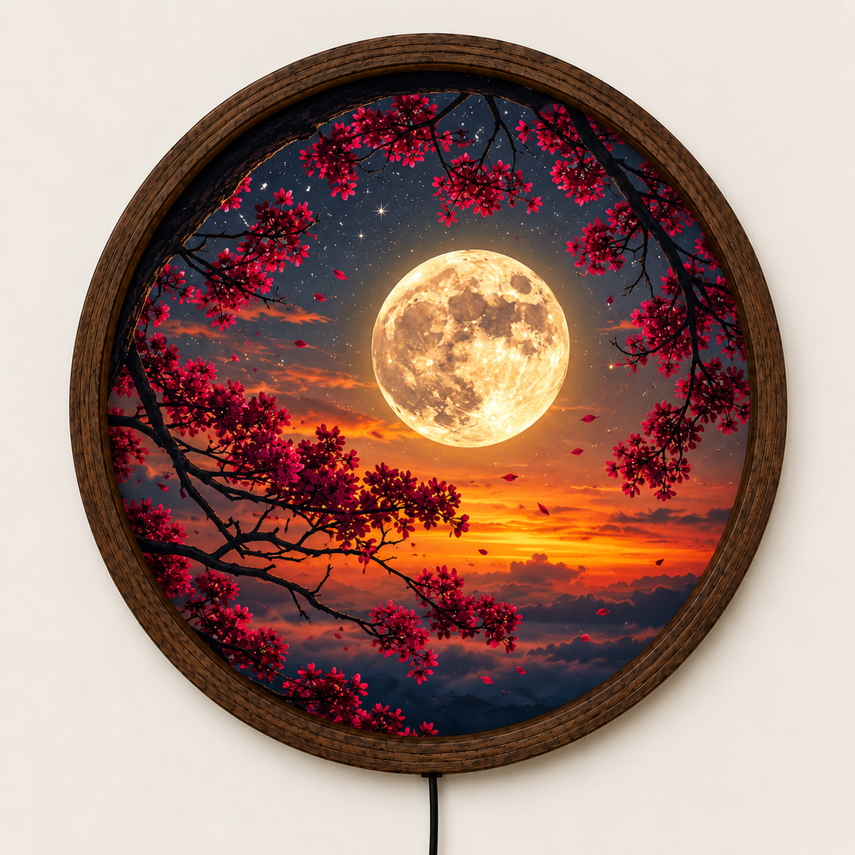 Full Moon LED Wall Art, Red Cherry Blossom Round Wall Decor, Sunset Moon Light, Celestial Floral Home Decor, Romantic Bedroom Gift
