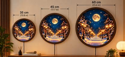 Winter Moon LED Wall Art, Snowy Forest Path Round Wall Decor, Glowing Street Lights, Christmas Winter Night Decor, Cozy Holiday Gift