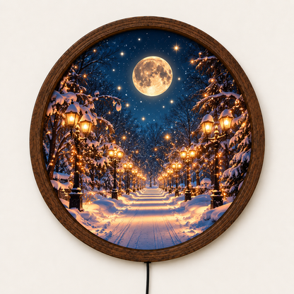 Winter Moon LED Wall Art, Snowy Forest Path Round Wall Decor, Glowing Street Lights, Christmas Winter Night Decor, Cozy Holiday Gift