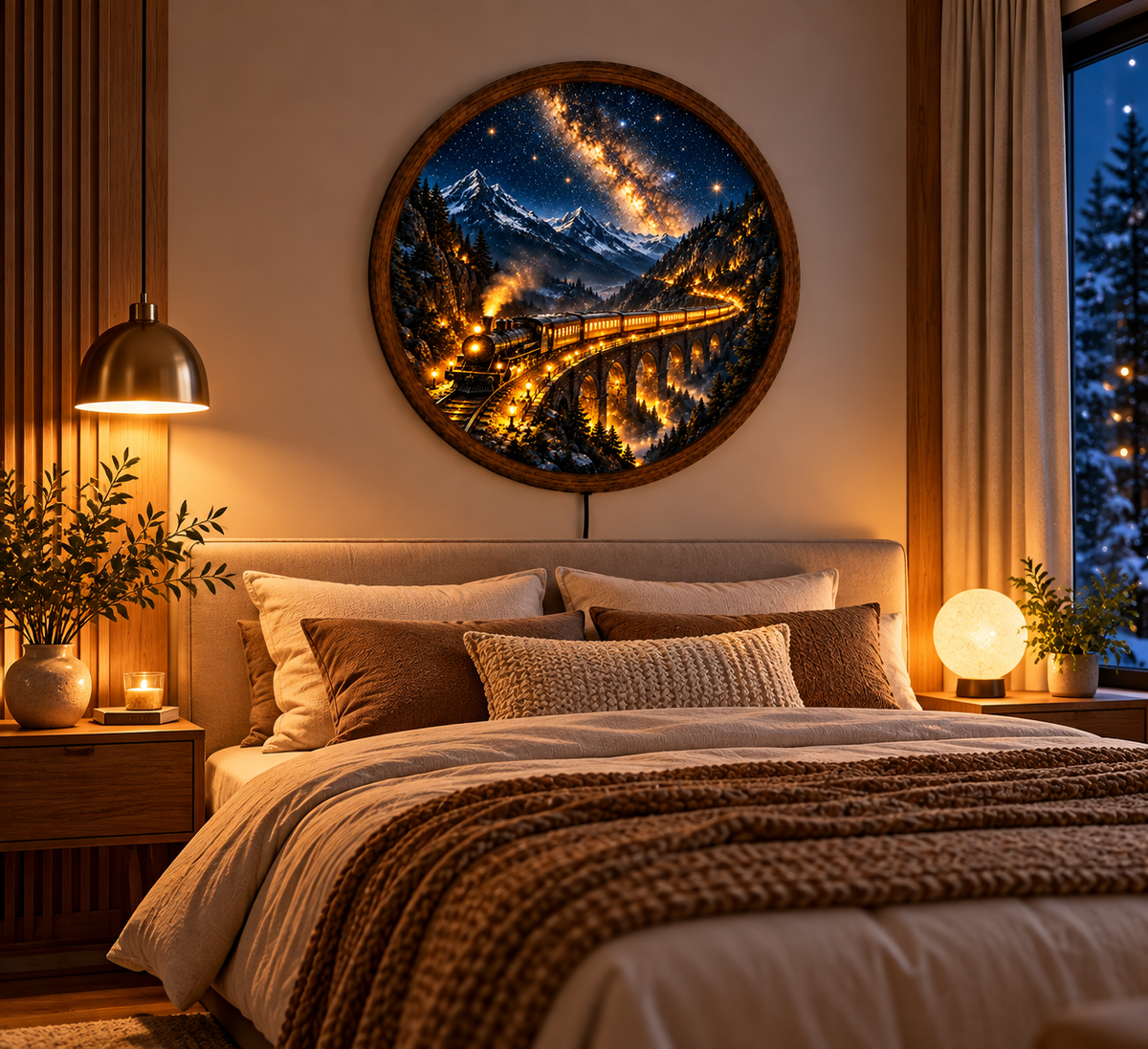 Vintage Train LED Wall Art, Mountain Railway Round Wall Decor, Starry Night Landscape Light, Steam Train Wall Art, Rustic Cabin Gift