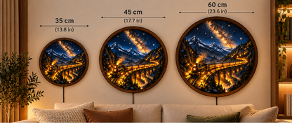 Vintage Train LED Wall Art, Mountain Railway Round Wall Decor, Starry Night Landscape Light, Steam Train Wall Art, Rustic Cabin Gift