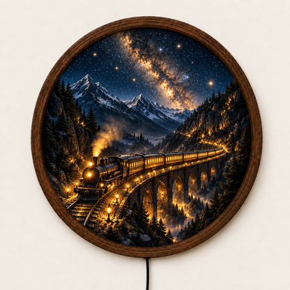 Vintage Train LED Wall Art, Mountain Railway Round Wall Decor, Starry Night Landscape Light, Steam Train Wall Art, Rustic Cabin Gift