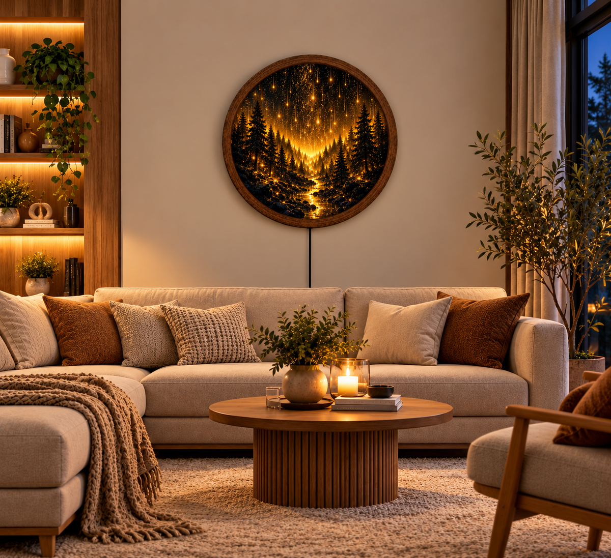 Enchanted Forest LED Wall Art, Golden Starry Night Round Wall Decor, Glowing Pine Forest Light, Celestial Nature Home Decor, Unique Gift