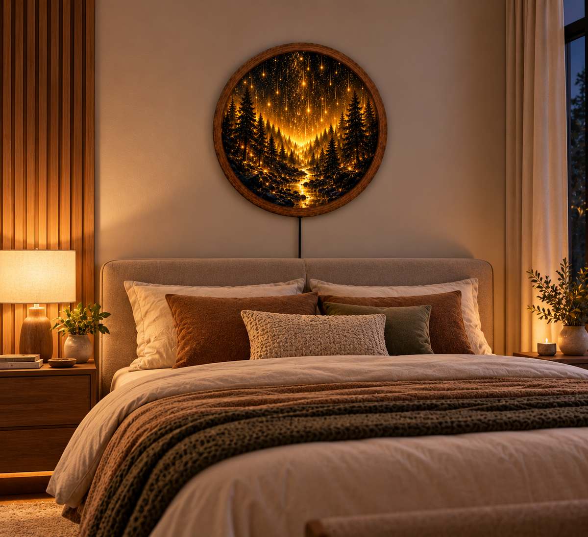 Enchanted Forest LED Wall Art, Golden Starry Night Round Wall Decor, Glowing Pine Forest Light, Celestial Nature Home Decor, Unique Gift