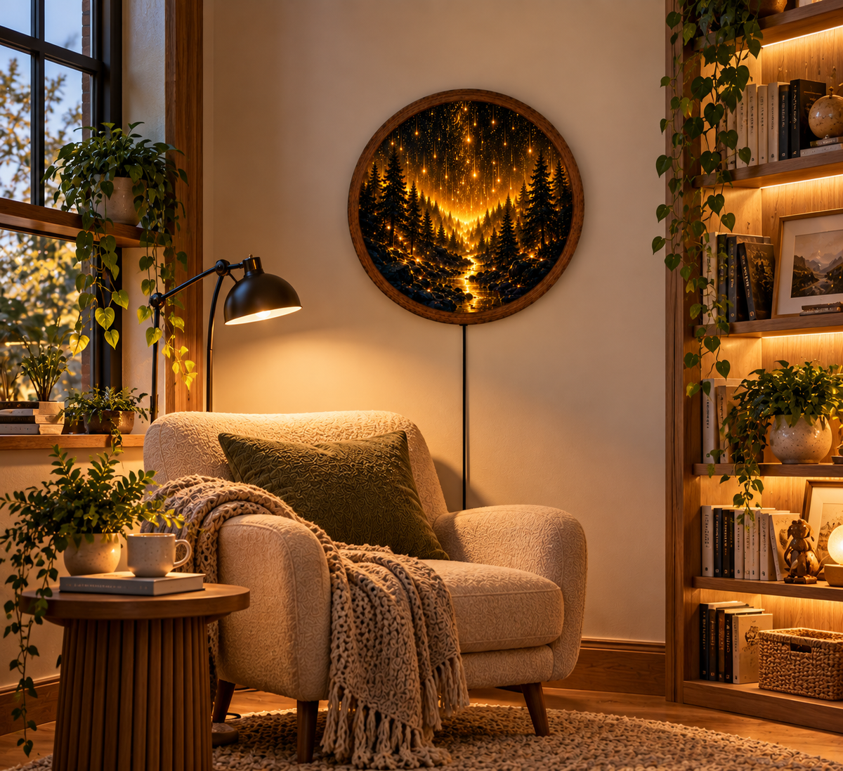 Enchanted Forest LED Wall Art, Golden Starry Night Round Wall Decor, Glowing Pine Forest Light, Celestial Nature Home Decor, Unique Gift