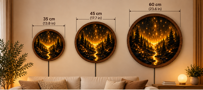 Enchanted Forest LED Wall Art, Golden Starry Night Round Wall Decor, Glowing Pine Forest Light, Celestial Nature Home Decor, Unique Gift