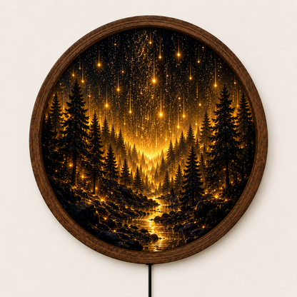 Enchanted Forest LED Wall Art, Golden Starry Night Round Wall Decor, Glowing Pine Forest Light, Celestial Nature Home Decor, Unique Gift