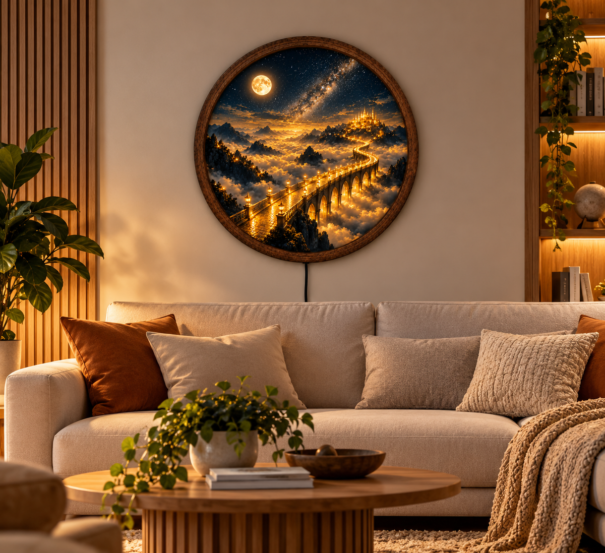 Fantasy Castle LED Wall Art, Golden Bridge to Heaven Round Wall Decor, Moon Starry Night Light, Celestial Landscape Art, Mystical Home Decor