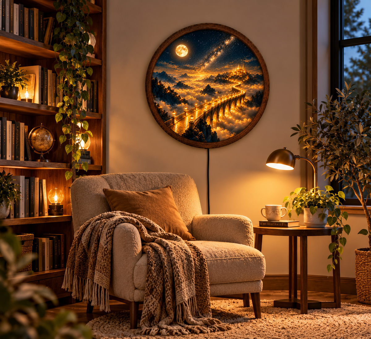 Fantasy Castle LED Wall Art, Golden Bridge to Heaven Round Wall Decor, Moon Starry Night Light, Celestial Landscape Art, Mystical Home Decor