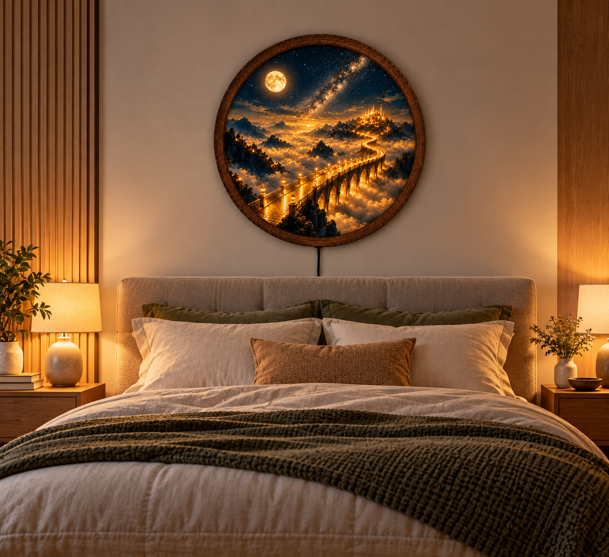 Fantasy Castle LED Wall Art, Golden Bridge to Heaven Round Wall Decor, Moon Starry Night Light, Celestial Landscape Art, Mystical Home Decor