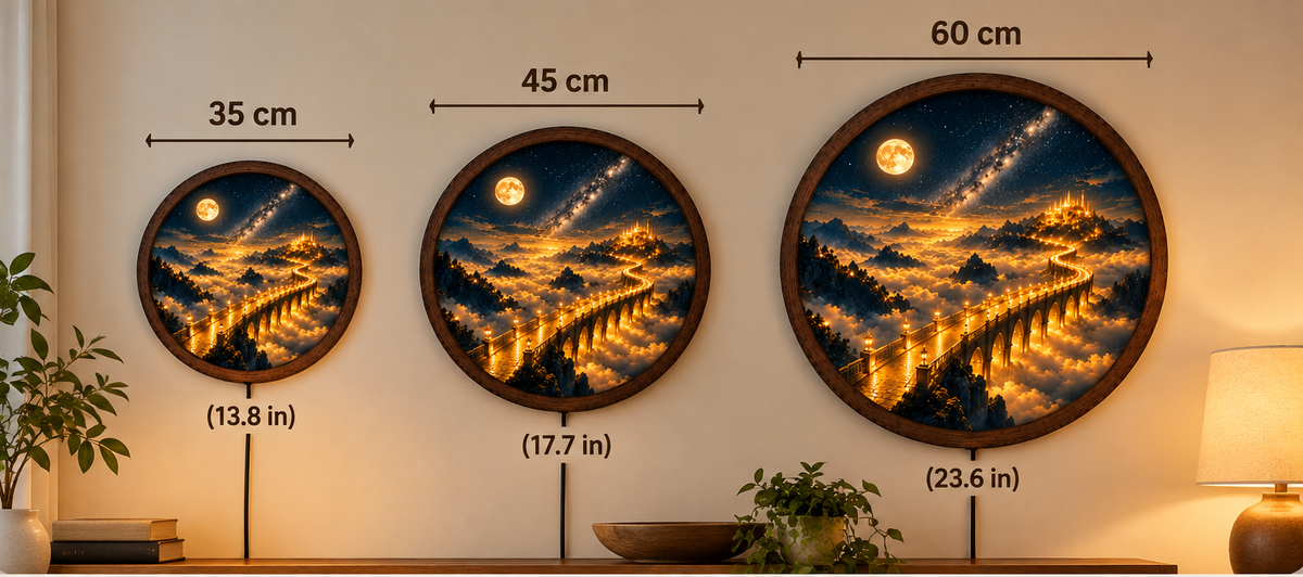 Fantasy Castle LED Wall Art, Golden Bridge to Heaven Round Wall Decor, Moon Starry Night Light, Celestial Landscape Art, Mystical Home Decor