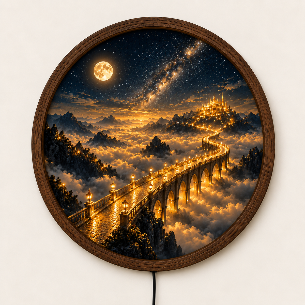 Fantasy Castle LED Wall Art, Golden Bridge to Heaven Round Wall Decor, Moon Starry Night Light, Celestial Landscape Art, Mystical Home Decor