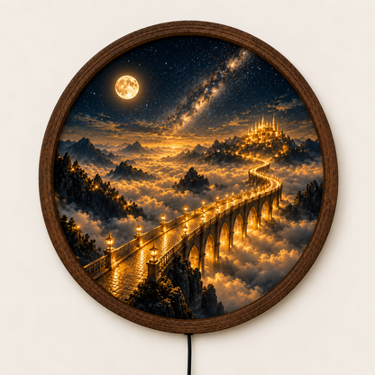 Fantasy Castle LED Wall Art, Golden Bridge to Heaven Round Wall Decor, Moon Starry Night Light, Celestial Landscape Art, Mystical Home Decor
