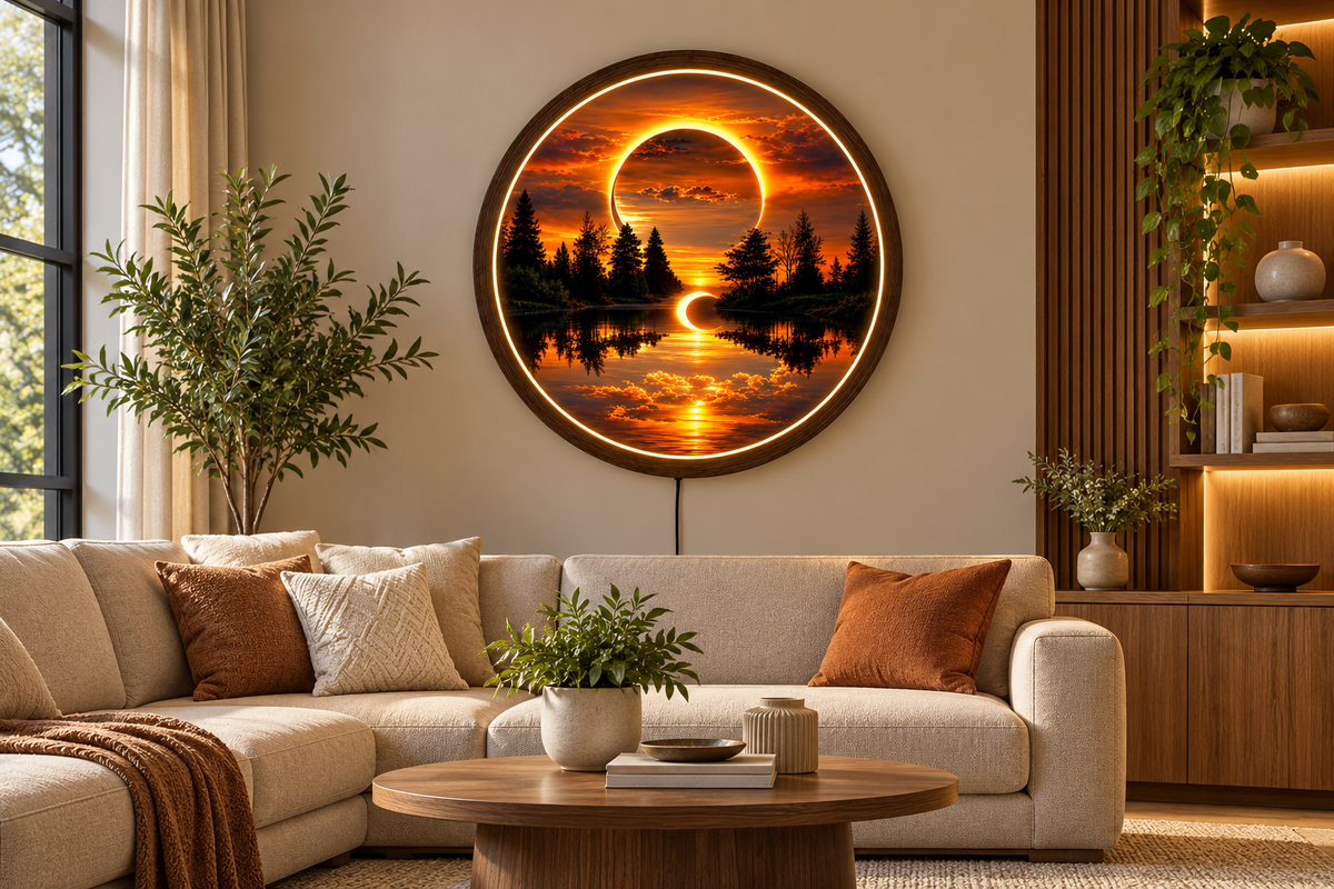 Sunset Forest LED Wall Art, Round Nature Landscape Light, Glowing Lake & Eclipse Wall Decor, Wooden Frame, Bedroom Living Room Decor