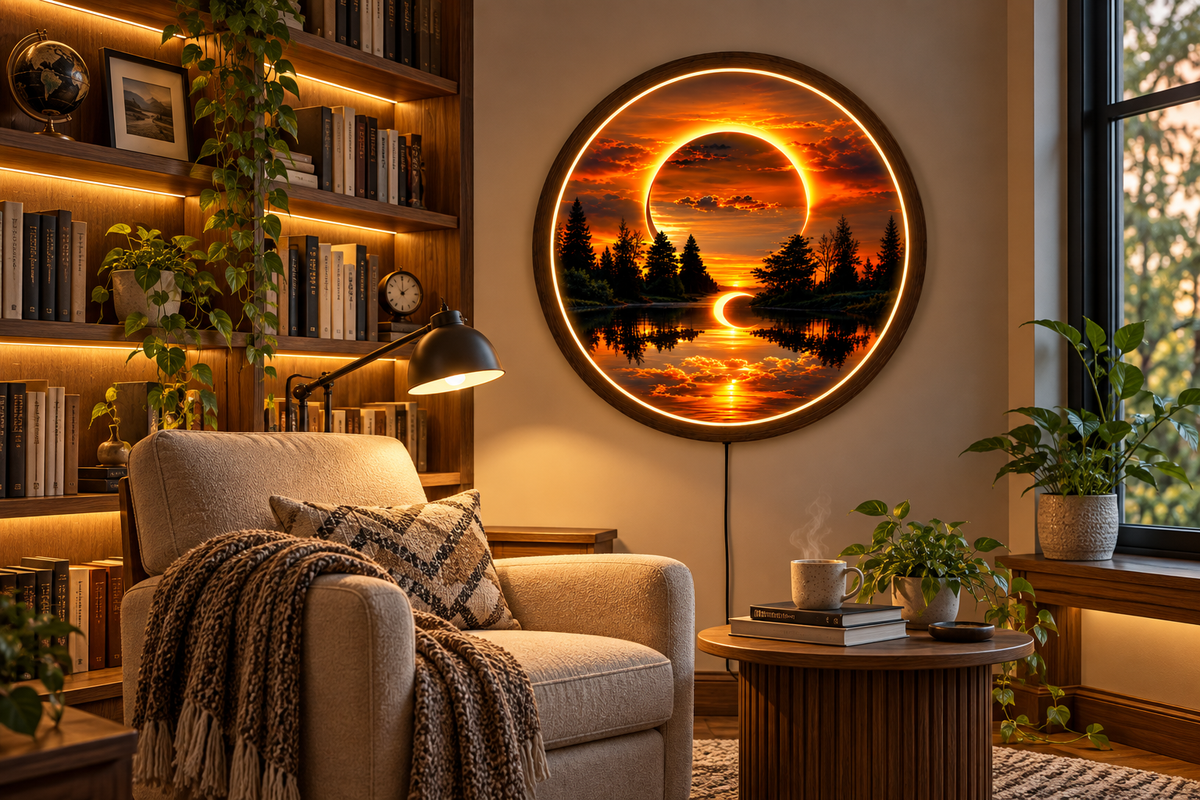 Sunset Forest LED Wall Art, Round Nature Landscape Light, Glowing Lake & Eclipse Wall Decor, Wooden Frame, Bedroom Living Room Decor