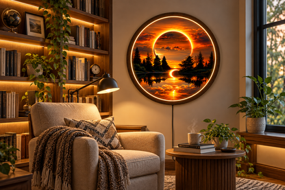 Sunset Forest LED Wall Art, Round Nature Landscape Light, Glowing Lake & Eclipse Wall Decor, Wooden Frame, Bedroom Living Room Decor