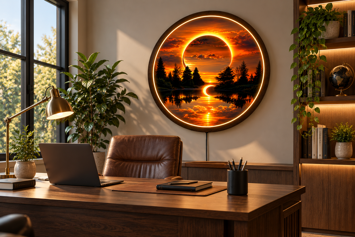 Sunset Forest LED Wall Art, Round Nature Landscape Light, Glowing Lake & Eclipse Wall Decor, Wooden Frame, Bedroom Living Room Decor
