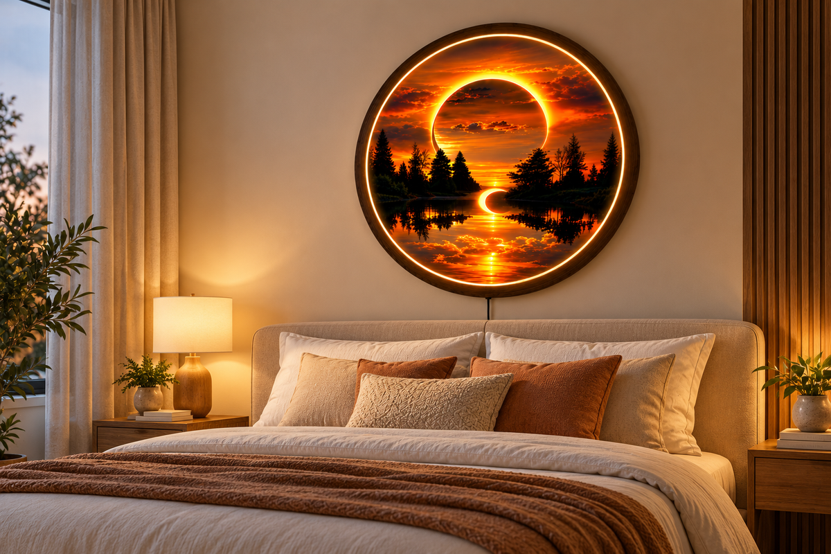 Sunset Forest LED Wall Art, Round Nature Landscape Light, Glowing Lake & Eclipse Wall Decor, Wooden Frame, Bedroom Living Room Decor