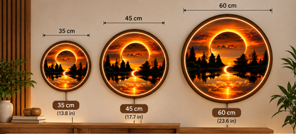 Sunset Forest LED Wall Art, Round Nature Landscape Light, Glowing Lake & Eclipse Wall Decor, Wooden Frame, Bedroom Living Room Decor