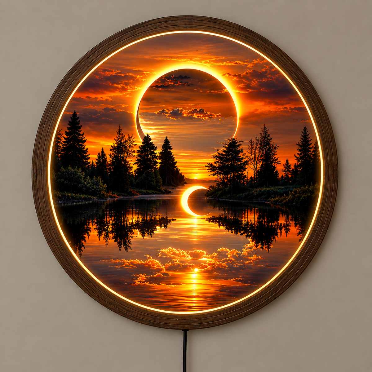 Sunset Forest LED Wall Art, Round Nature Landscape Light, Glowing Lake & Eclipse Wall Decor, Wooden Frame, Bedroom Living Room Decor
