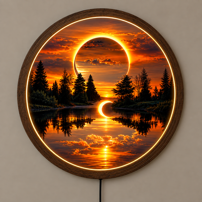 Sunset Forest LED Wall Art, Round Nature Landscape Light, Glowing Lake & Eclipse Wall Decor, Wooden Frame, Bedroom Living Room Decor