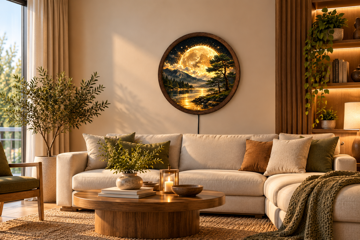 Golden Moon LED Wall Art, Round Mountain Lake Light, Forest Landscape Wall Decor, Glowing Nature Art, Rustic Bedroom Living Room Decor