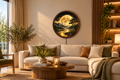 Golden Moon LED Wall Art, Round Mountain Lake Light, Forest Landscape Wall Decor, Glowing Nature Art, Rustic Bedroom Living Room Decor