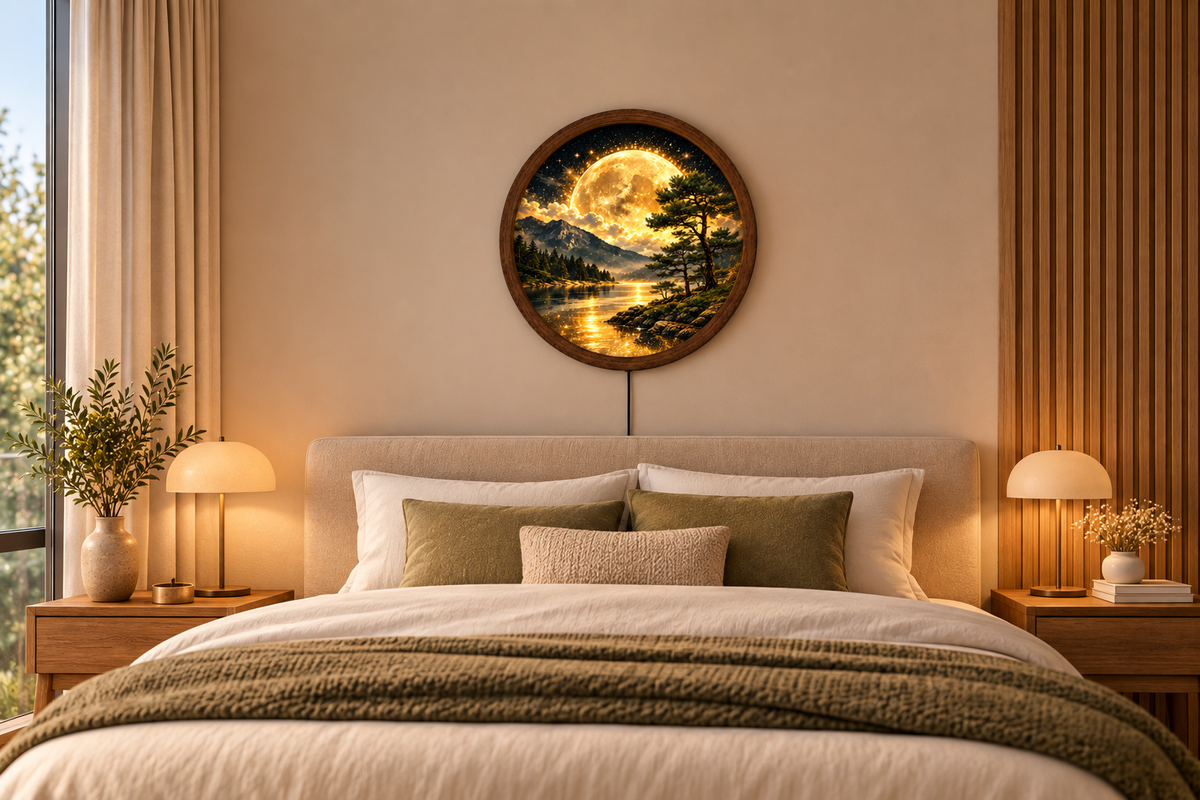 Golden Moon LED Wall Art, Round Mountain Lake Light, Forest Landscape Wall Decor, Glowing Nature Art, Rustic Bedroom Living Room Decor