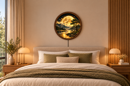 Golden Moon LED Wall Art, Round Mountain Lake Light, Forest Landscape Wall Decor, Glowing Nature Art, Rustic Bedroom Living Room Decor
