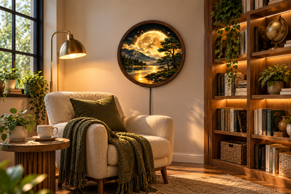 Golden Moon LED Wall Art, Round Mountain Lake Light, Forest Landscape Wall Decor, Glowing Nature Art, Rustic Bedroom Living Room Decor